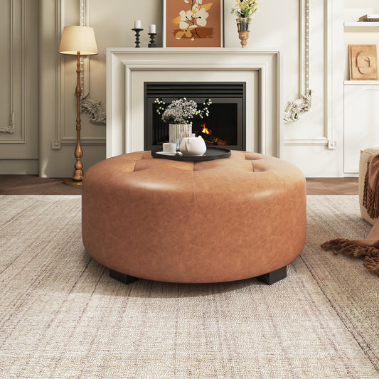 Ranger PU Upholstered Button Tufted Round Ottoman, Orange Brown