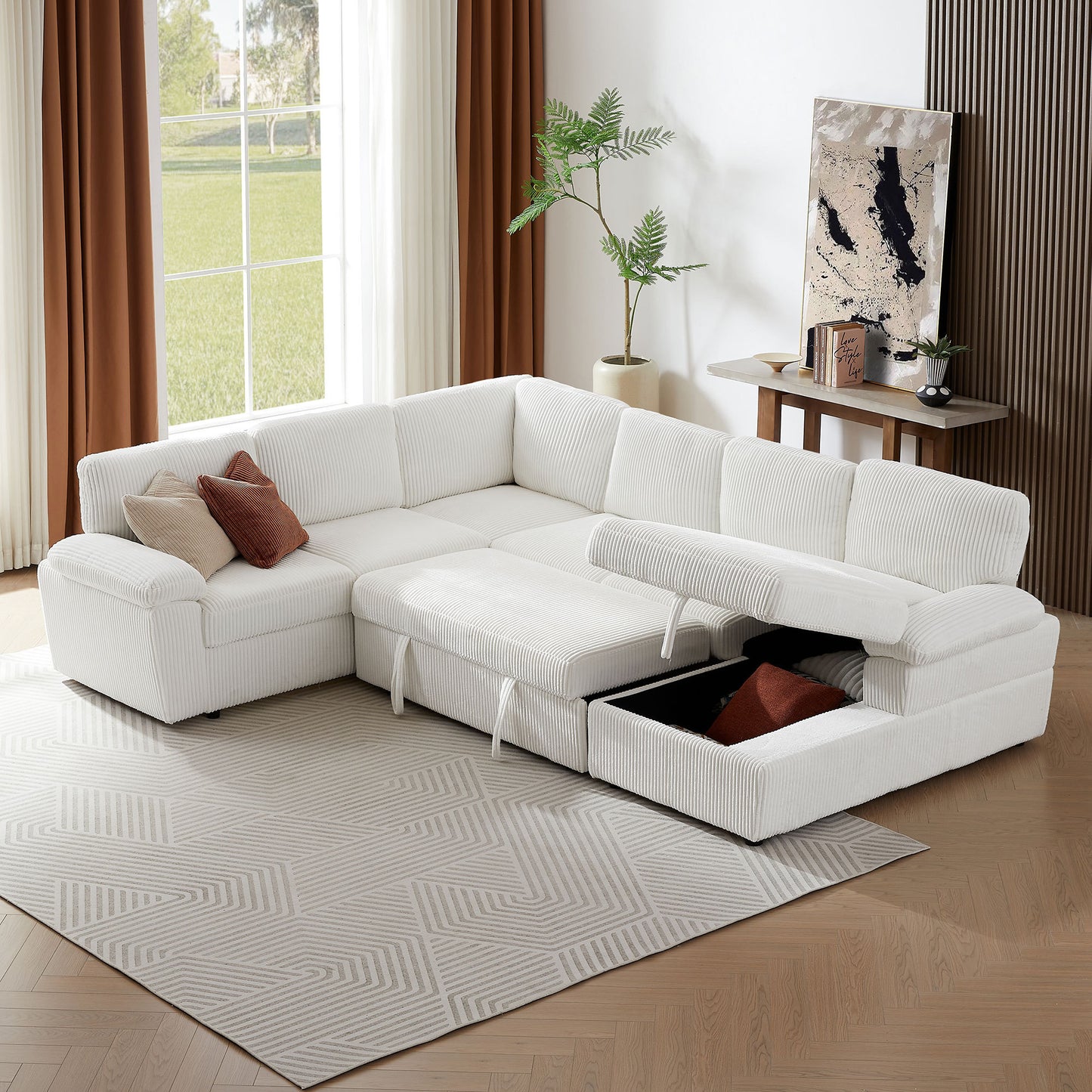 Lorcan Modern Oversize Corduroy Sleeper Sectional, White