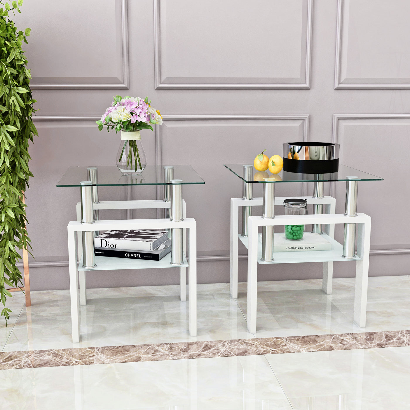 Melo Modern Glass Top Side Tables (Set of 2)
