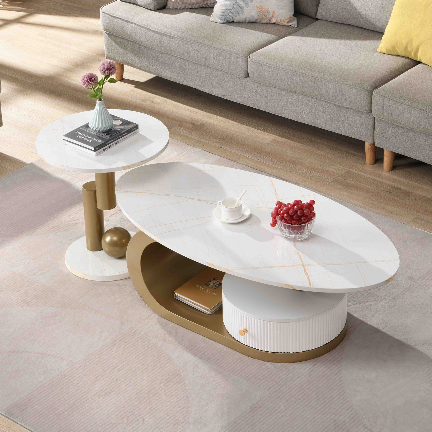 Flossie Modern Oval Nesting Table Set with Faux Marble Top, Brown & White