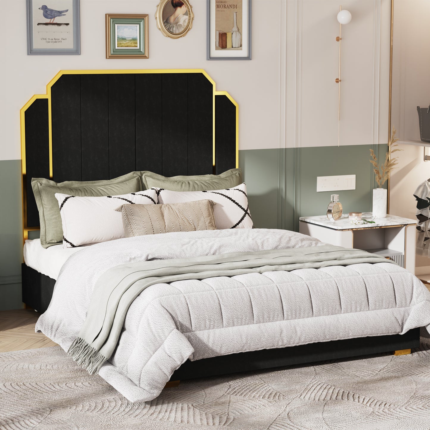 Amaryllis Modern Velvet & Metal Platform Bed, Black & Gold