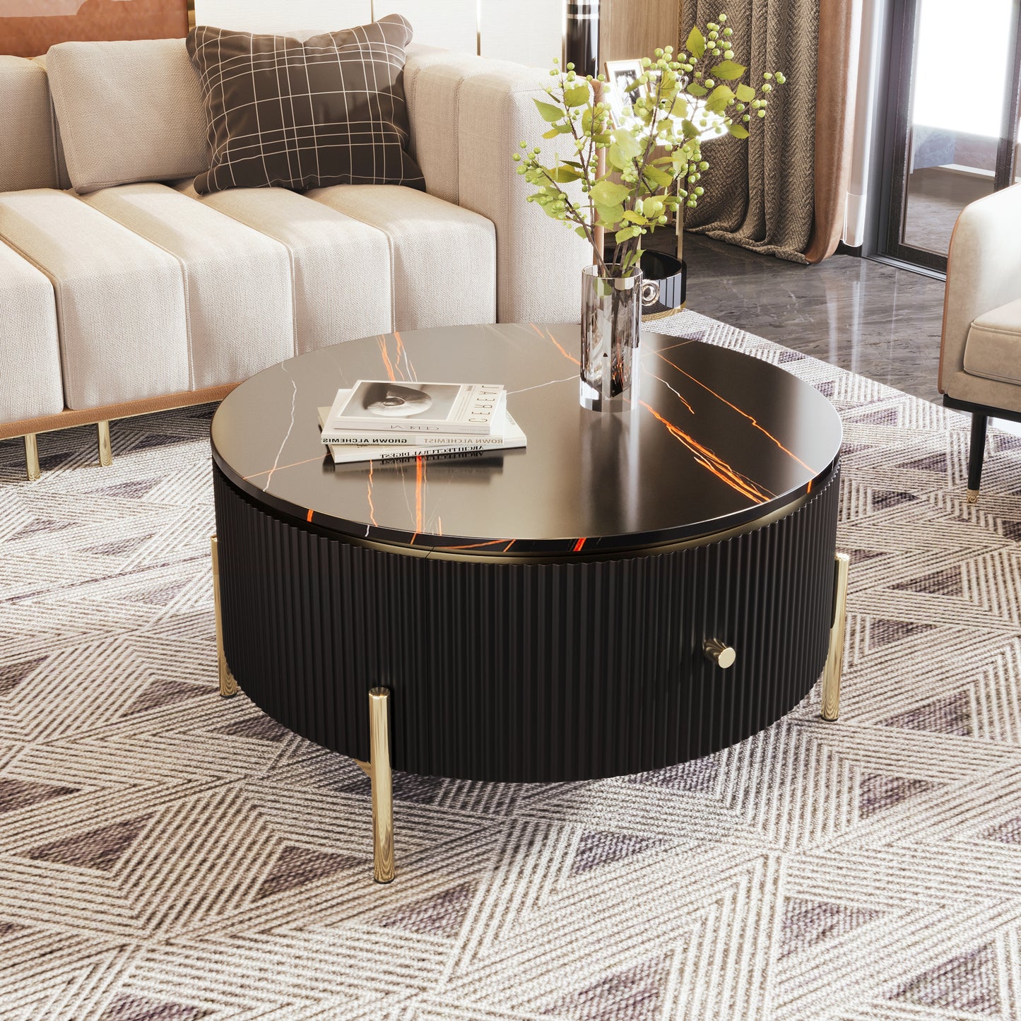 Mireille Modern Round Coffee Table with Storage - Black & Gold