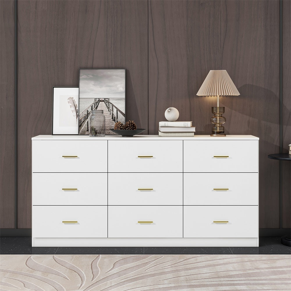 Eliana Modern 9-Drawer Dresser with Gold Handles, White