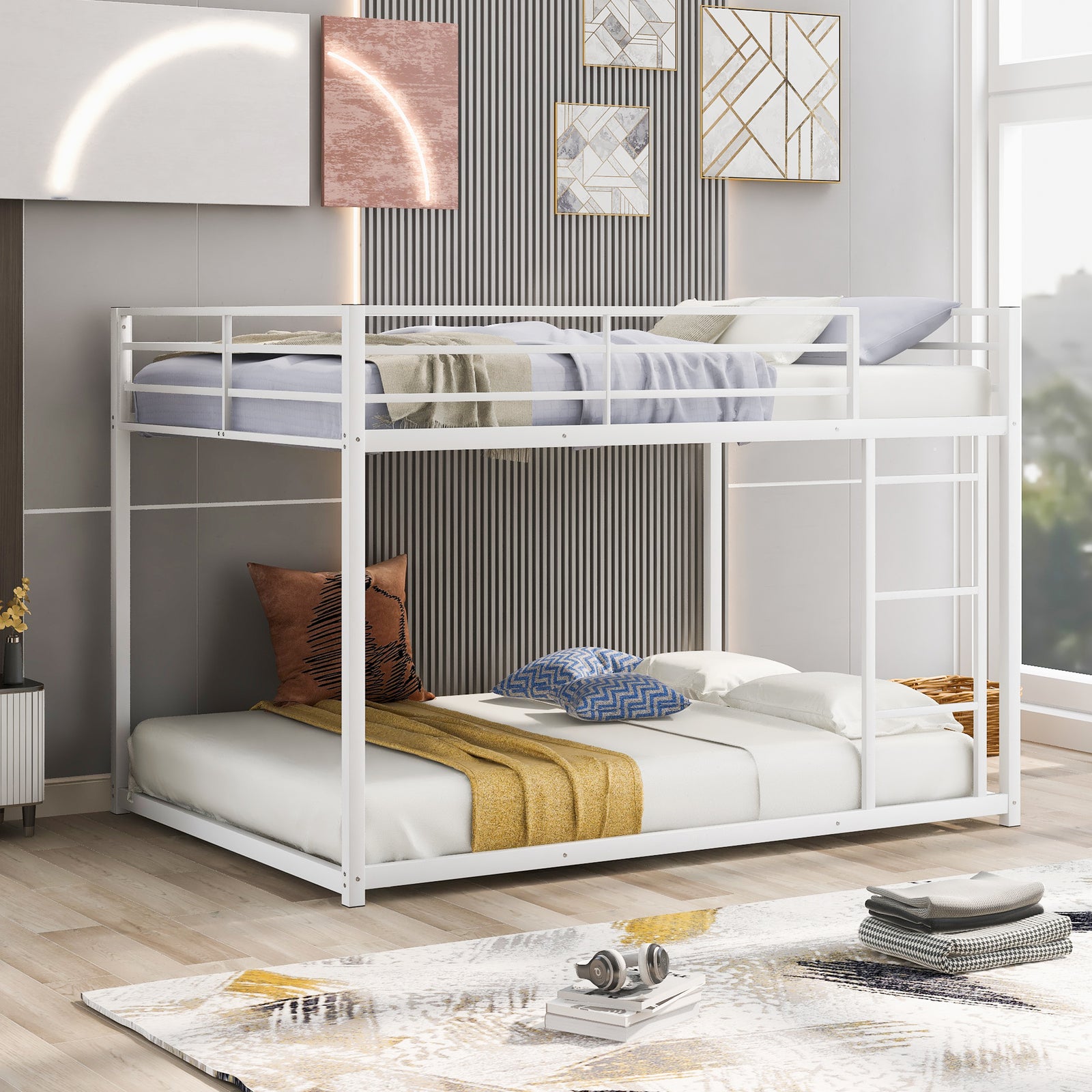 Kenswick Full Over Full Metal Bunk Bed with Built-in Ladder – White