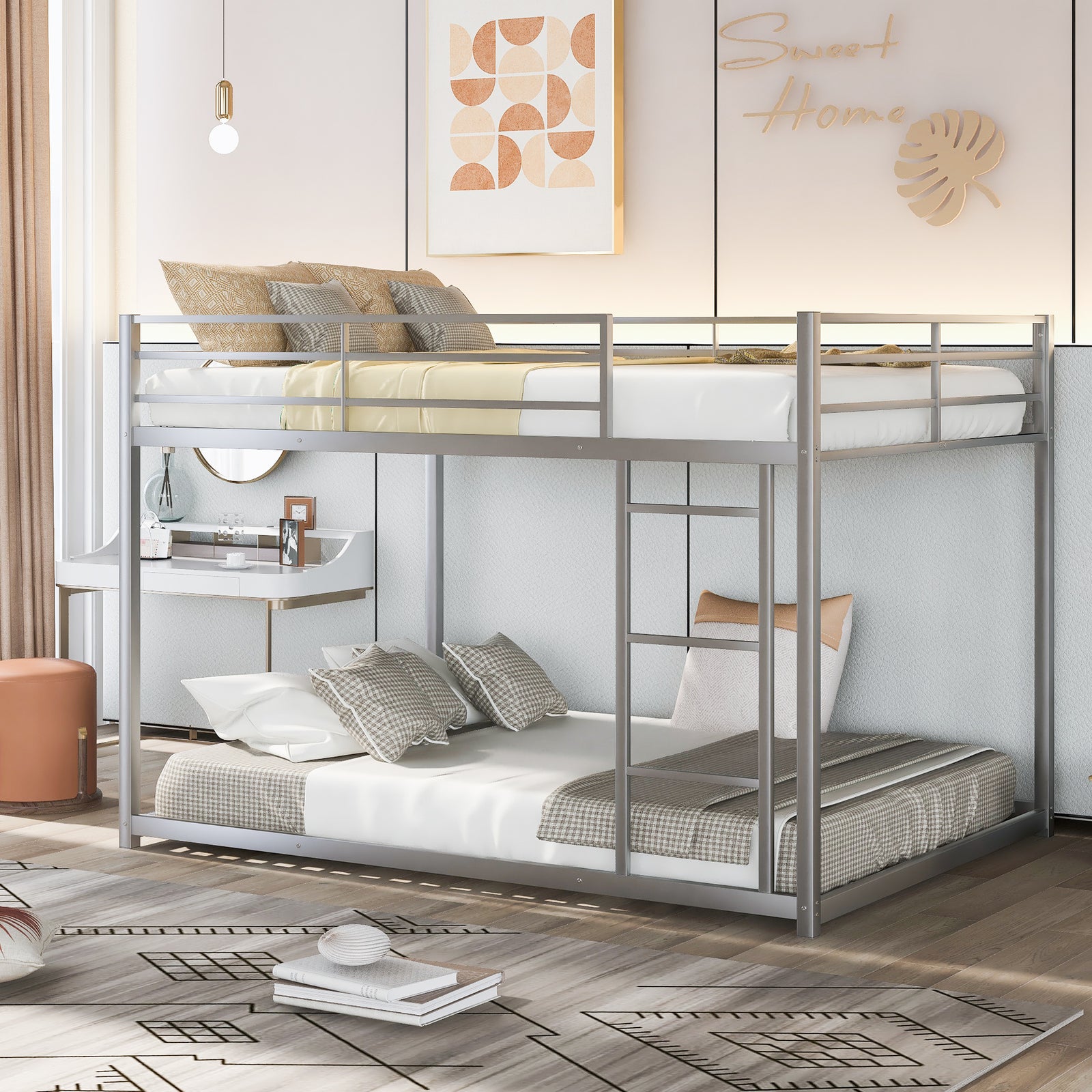 Kenswick Full Over Full Metal Bunk Bed with Built-in Ladder – Silver