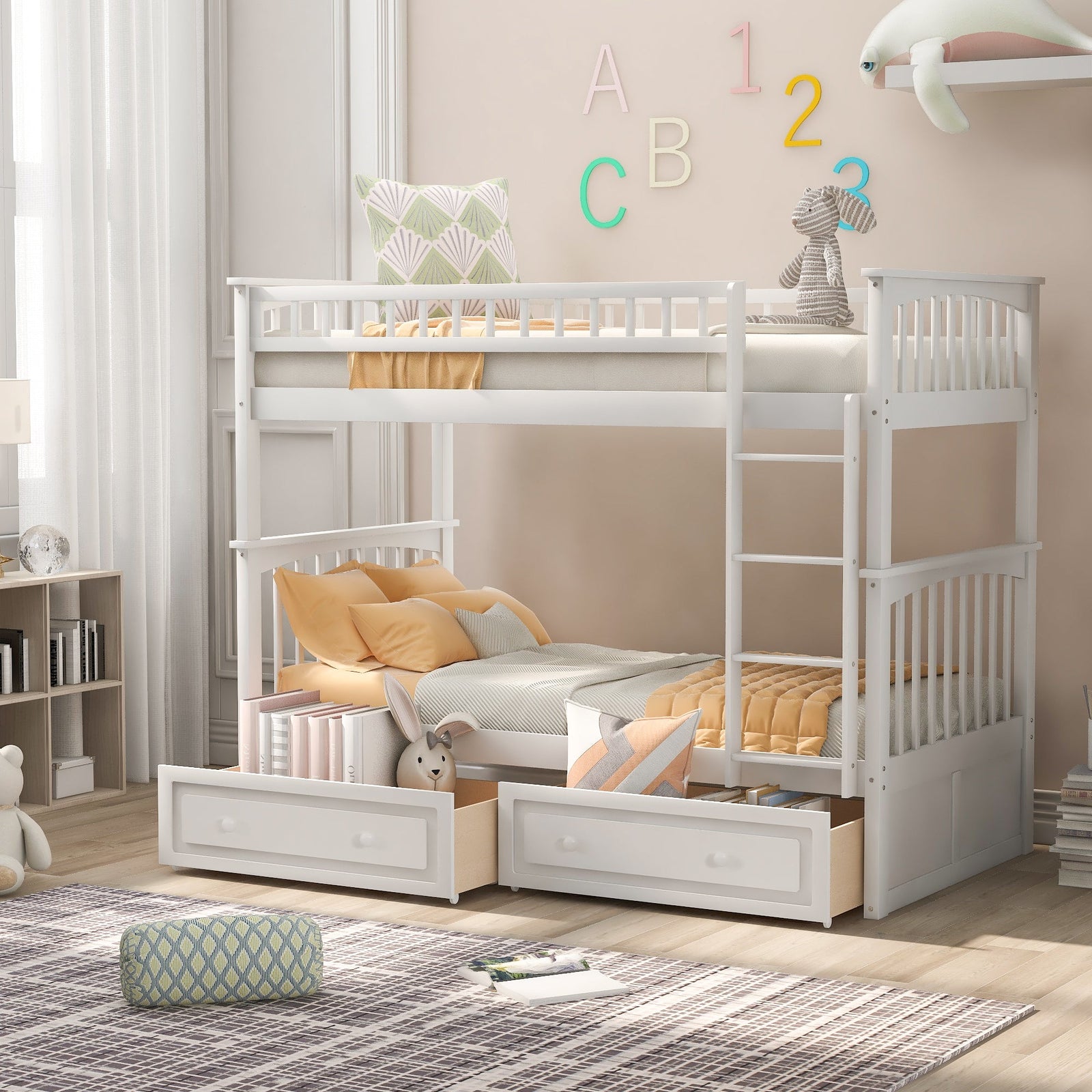 WM Store Convertible Full over Full Bunk Bed with Drawers - White