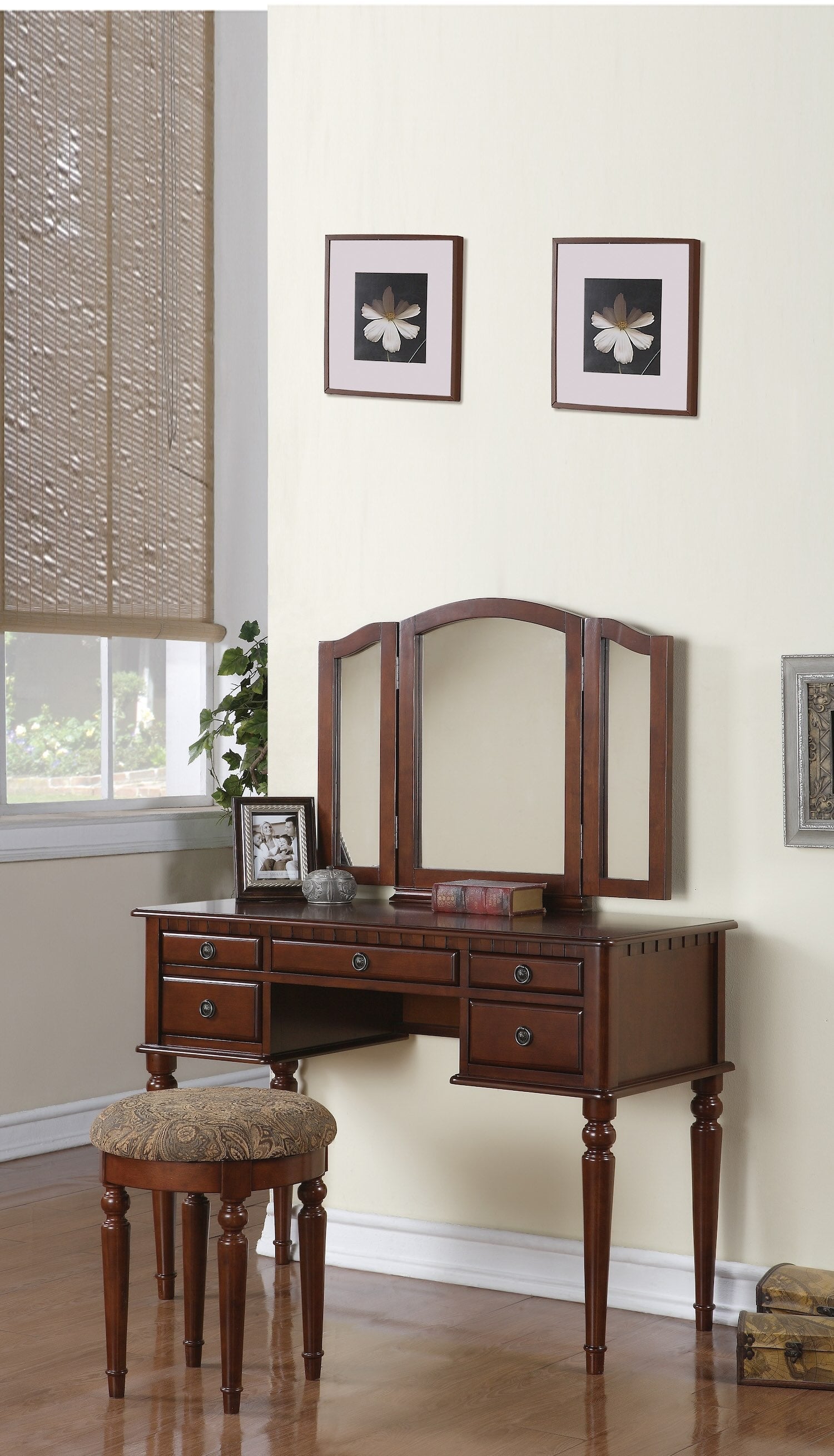 Allison Contemporary Vanity with Tri-Fold Mirror & Stool - Brown