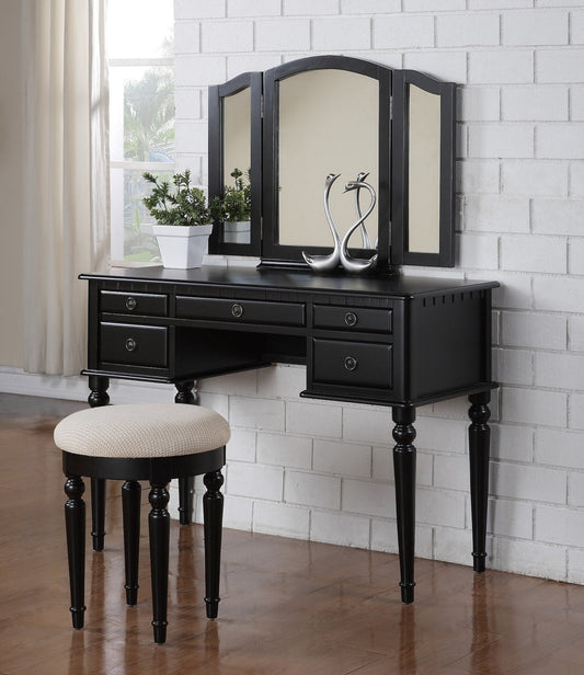 Allison Contemporary Vanity with Tri-Fold Mirror & Stool - Black