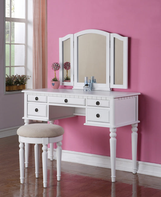 Allison Contemporary Vanity with Tri-Fold Mirror & Stool - White