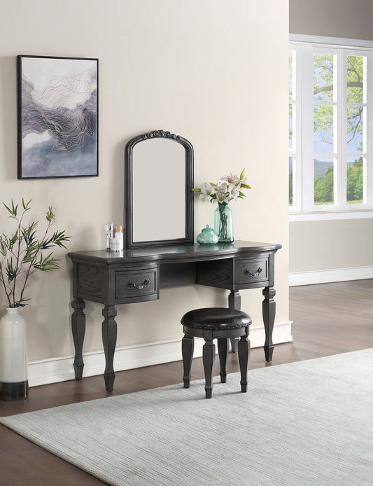 Maura Classic Vanity Set with Carved Mirror & Stool - Antique Gray