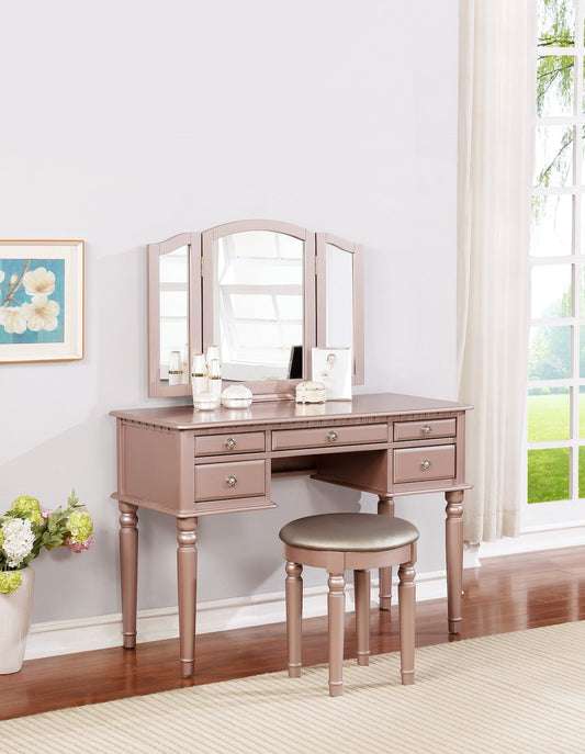 Allison Contemporary Vanity with Tri-Fold Mirror & Stool - Rose