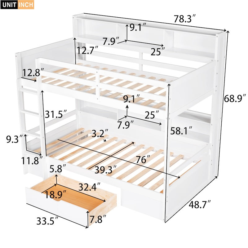 Adapt Twin over Twin Bunk Bed with Shelves & Drawers - White