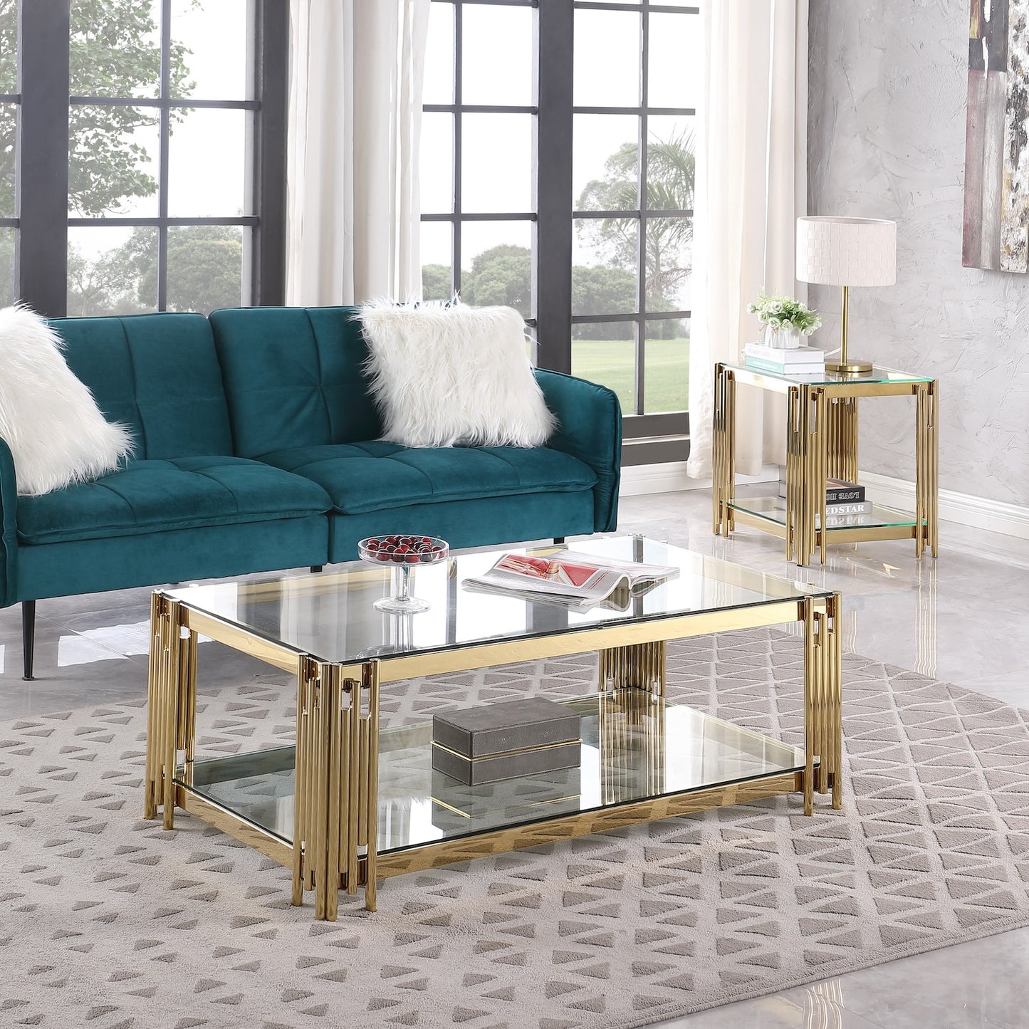 Woker Ellen Modern Golden Coffee Table with Glass Top