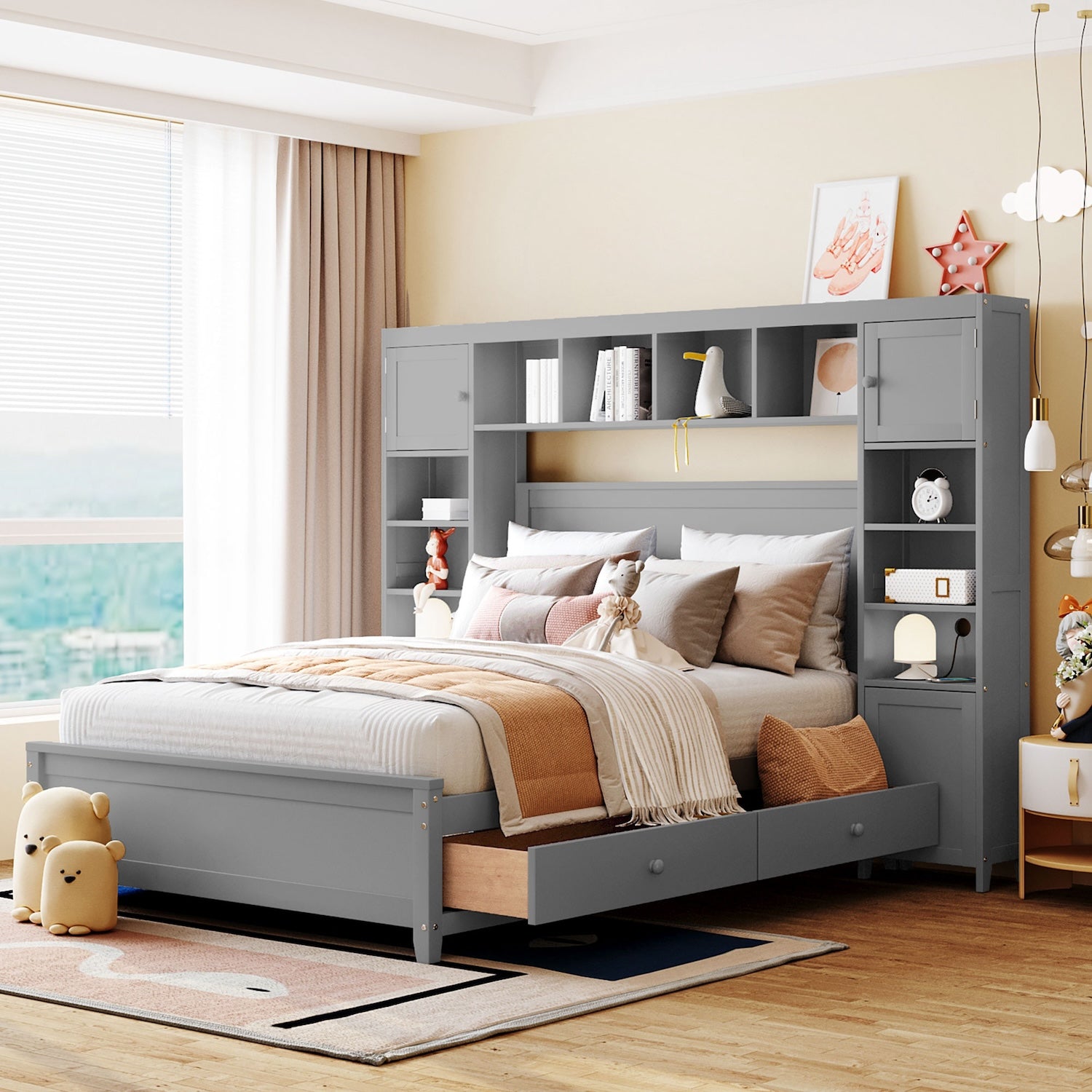 Urbiza Full Size Bed with All-in-One Cabinet & Shelf - Gray
