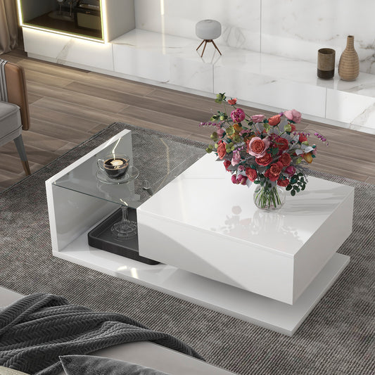 Akon Modern High Gloss Coffee Table with Glass Top - White