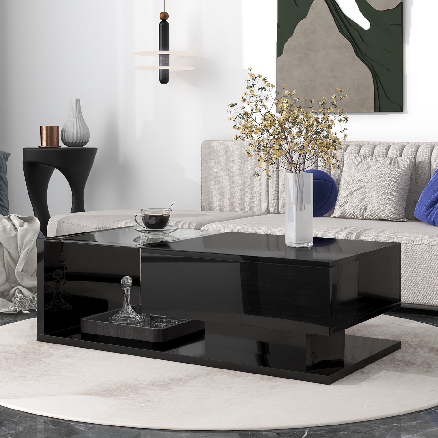 Akon Modern High Gloss Coffee Table with Glass Top - Black
