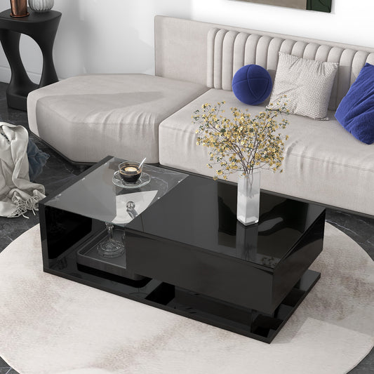 Akon Modern High Gloss Coffee Table with Glass Top - Black