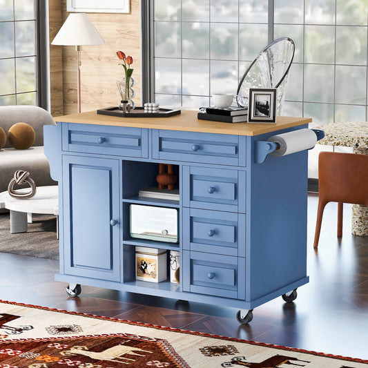 K&K Kitchen Island Cart with 5 Drawers - Blue