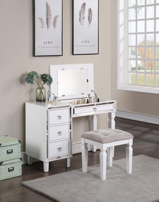 Randa Contemporary Vanity Set with Stool - White & Mirror