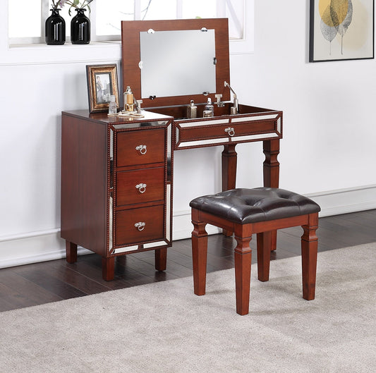 Randa Contemporary Vanity Set with Stool - Cherry & Mirror