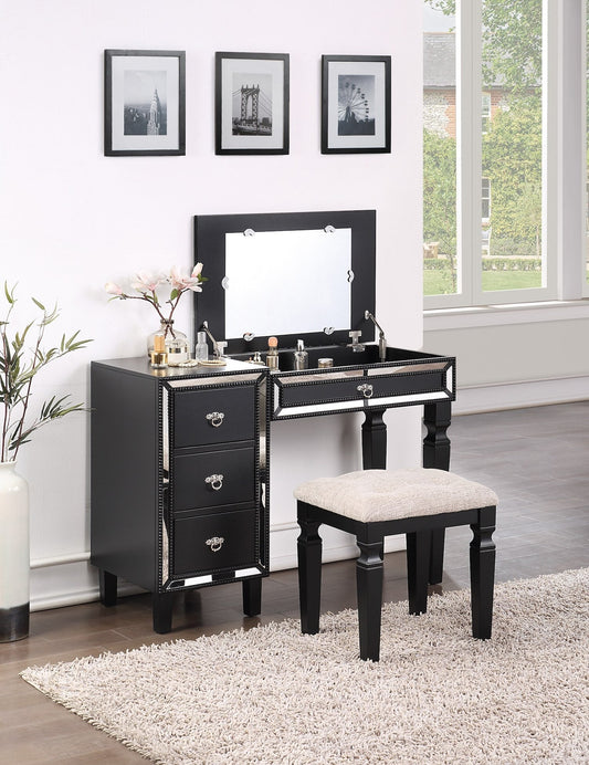 Randa Contemporary Vanity Set with Stool - Black & Mirror