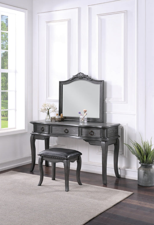Jenine Wooden Vanity Set with Cabriole Legs & Floral Molding - Antique Gray