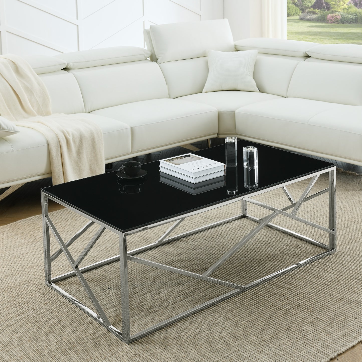 Hannah II Modern Coffee Table with Black Glass Top - Polished Chrome