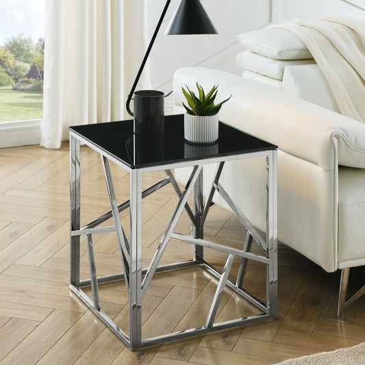 Hannah II Modern Side Table with Black Glass Top - Polished Chrome