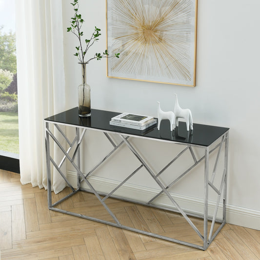 Hannah II Modern Sofa Table with Black Glass Top - Polished Chrome