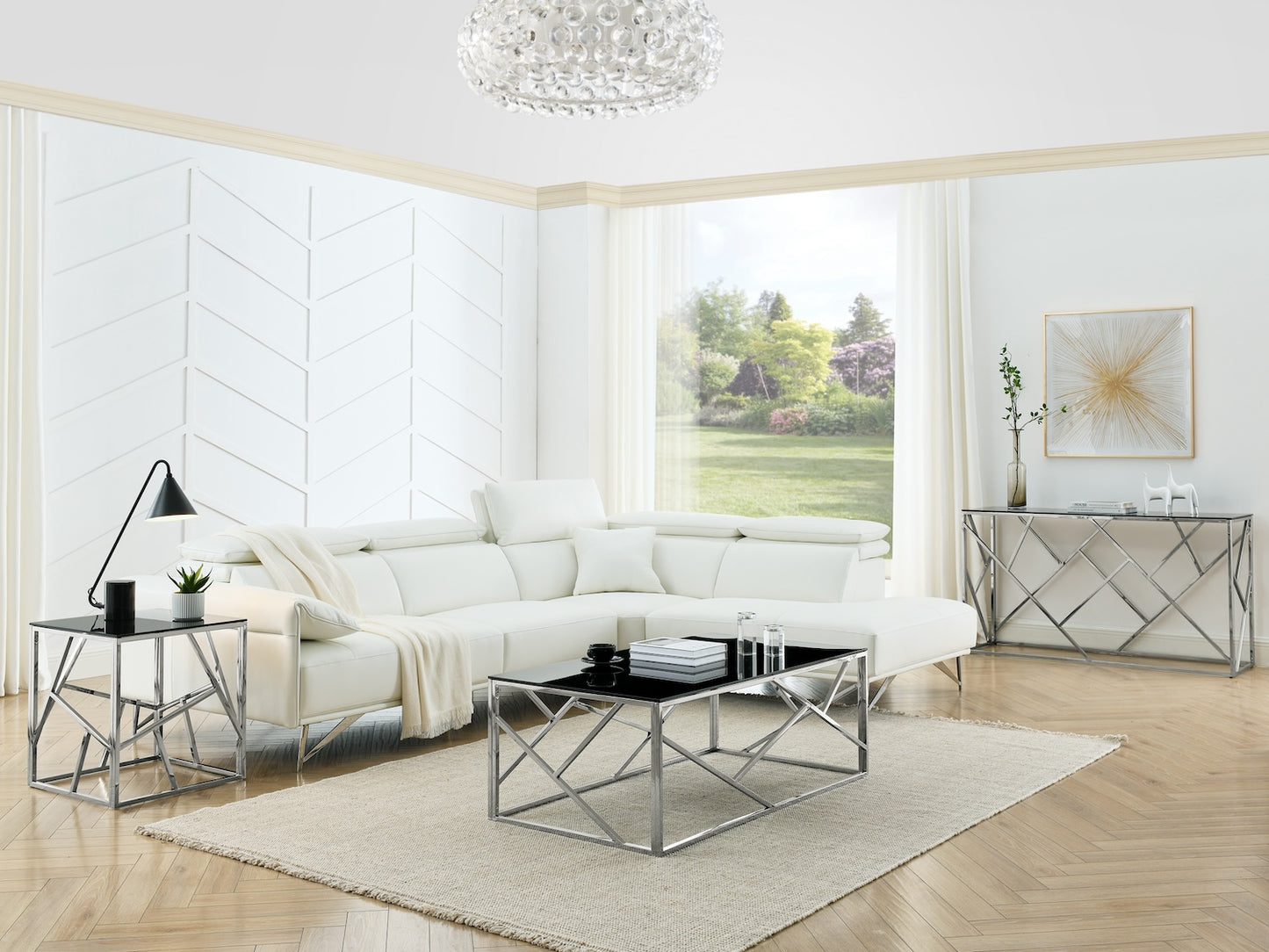 Hannah II Modern Coffee Table with Black Glass Top - Polished Chrome