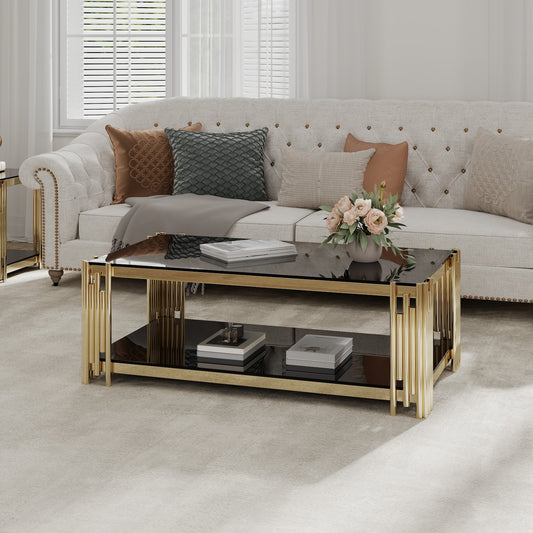 Woker Ellen Modern Golden Coffee Table with Black Glass Top