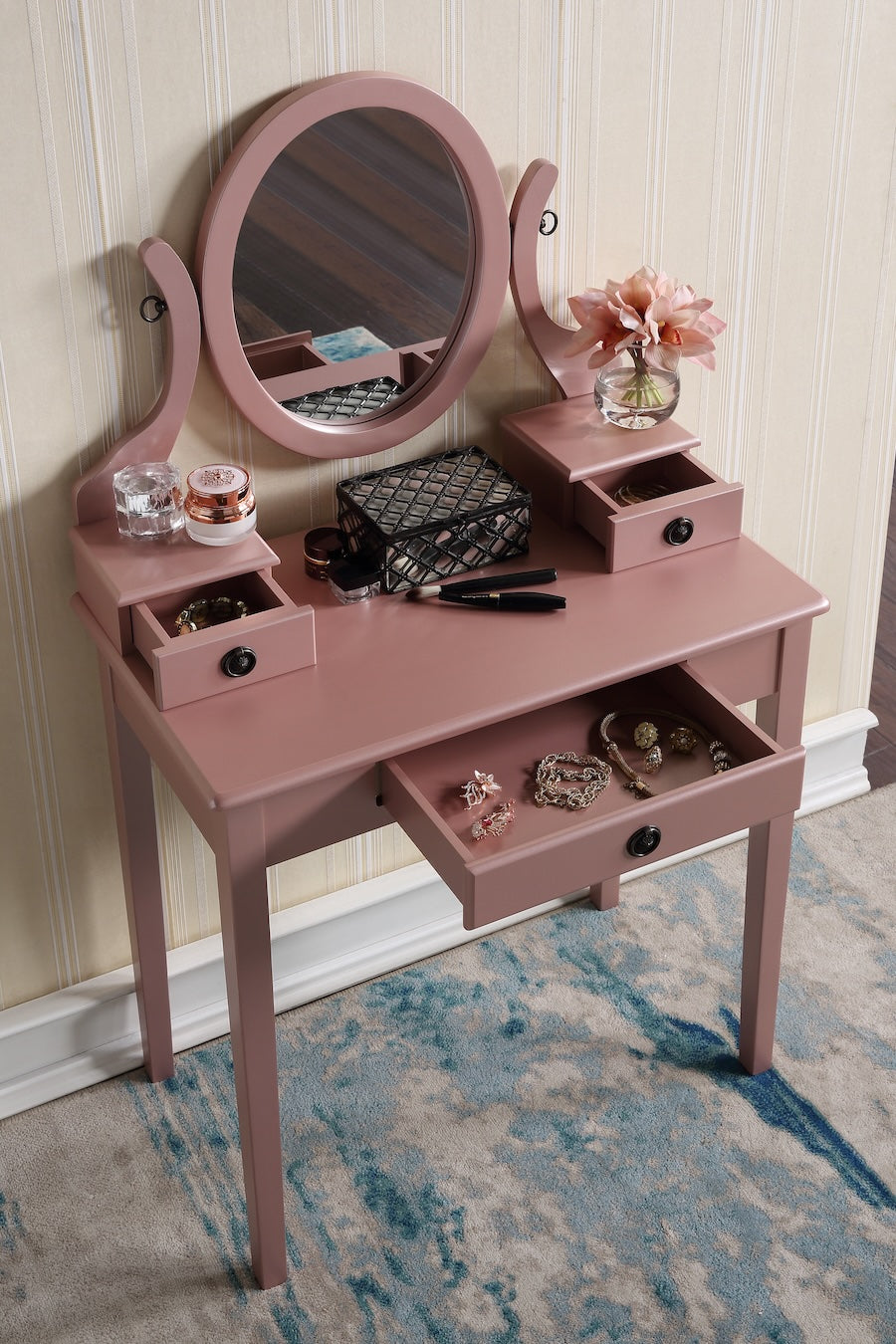 Moniya Vanity Table and Stool Set, Rose Gold