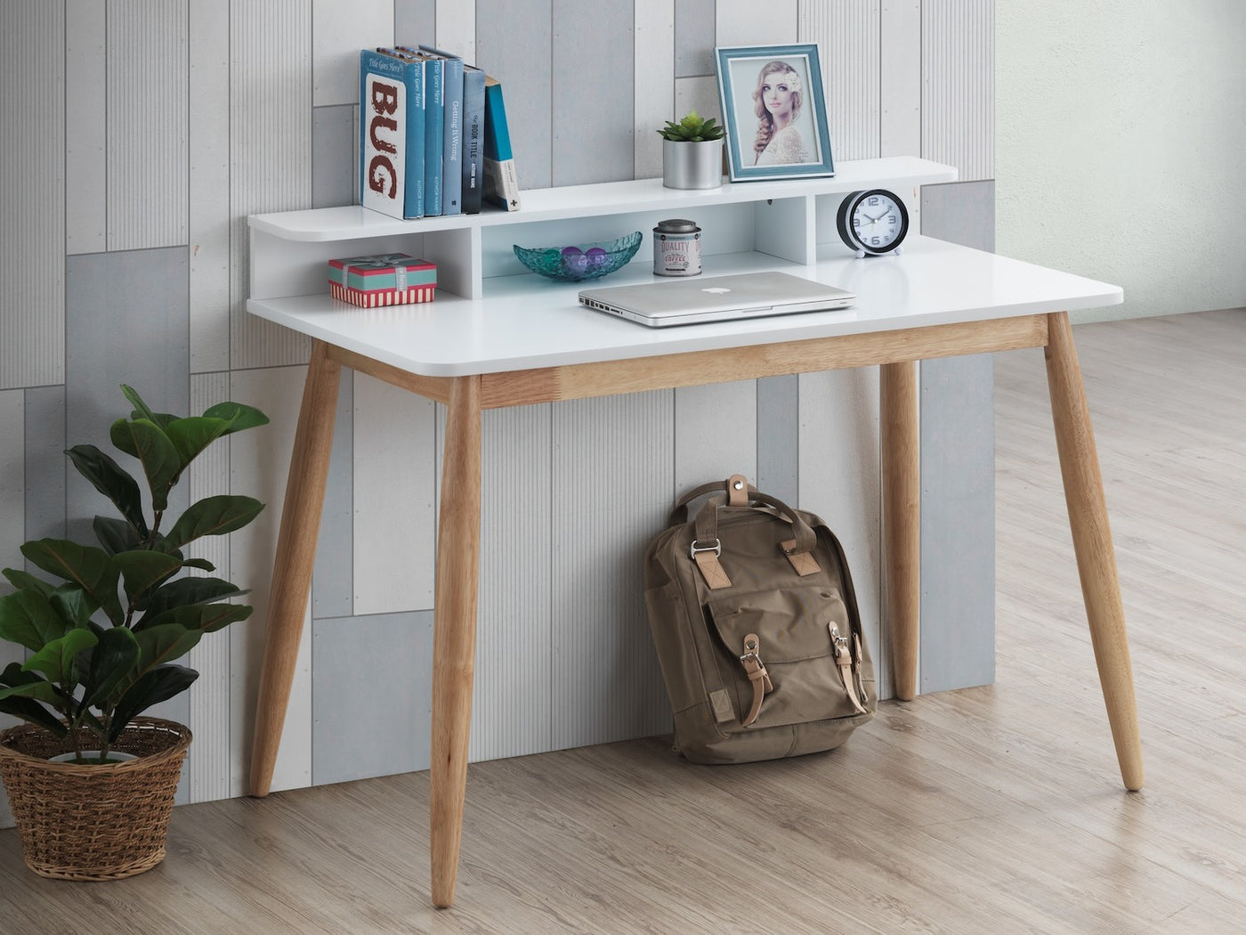 Roskilde Mid-Century Modern Wood Writing Desk with Hutch - White