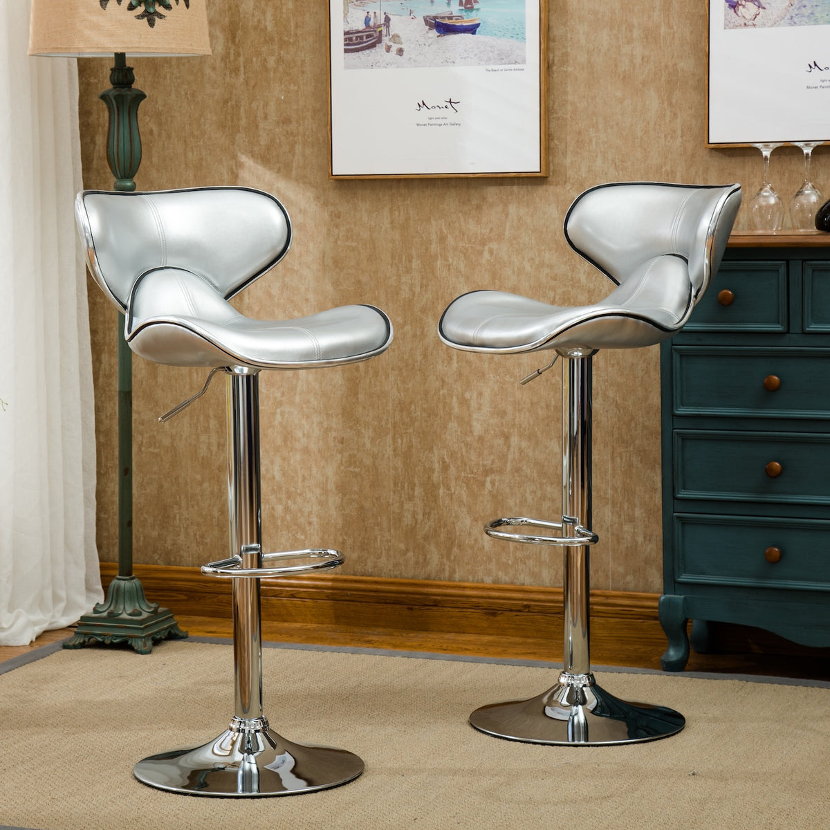 Masaccio Faux Leather Adjustable Swivel Barstool, Set of 2, Silver
