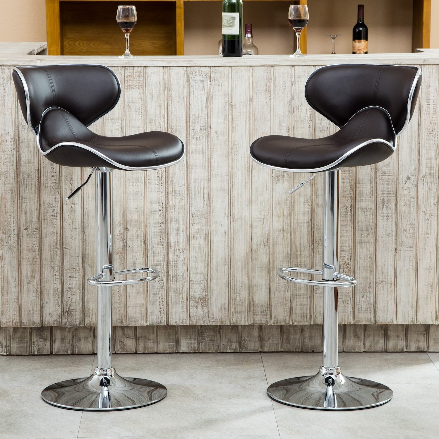 Masaccio Faux Leather Adjustable Swivel Barstool, Set of 2, Dark Brown
