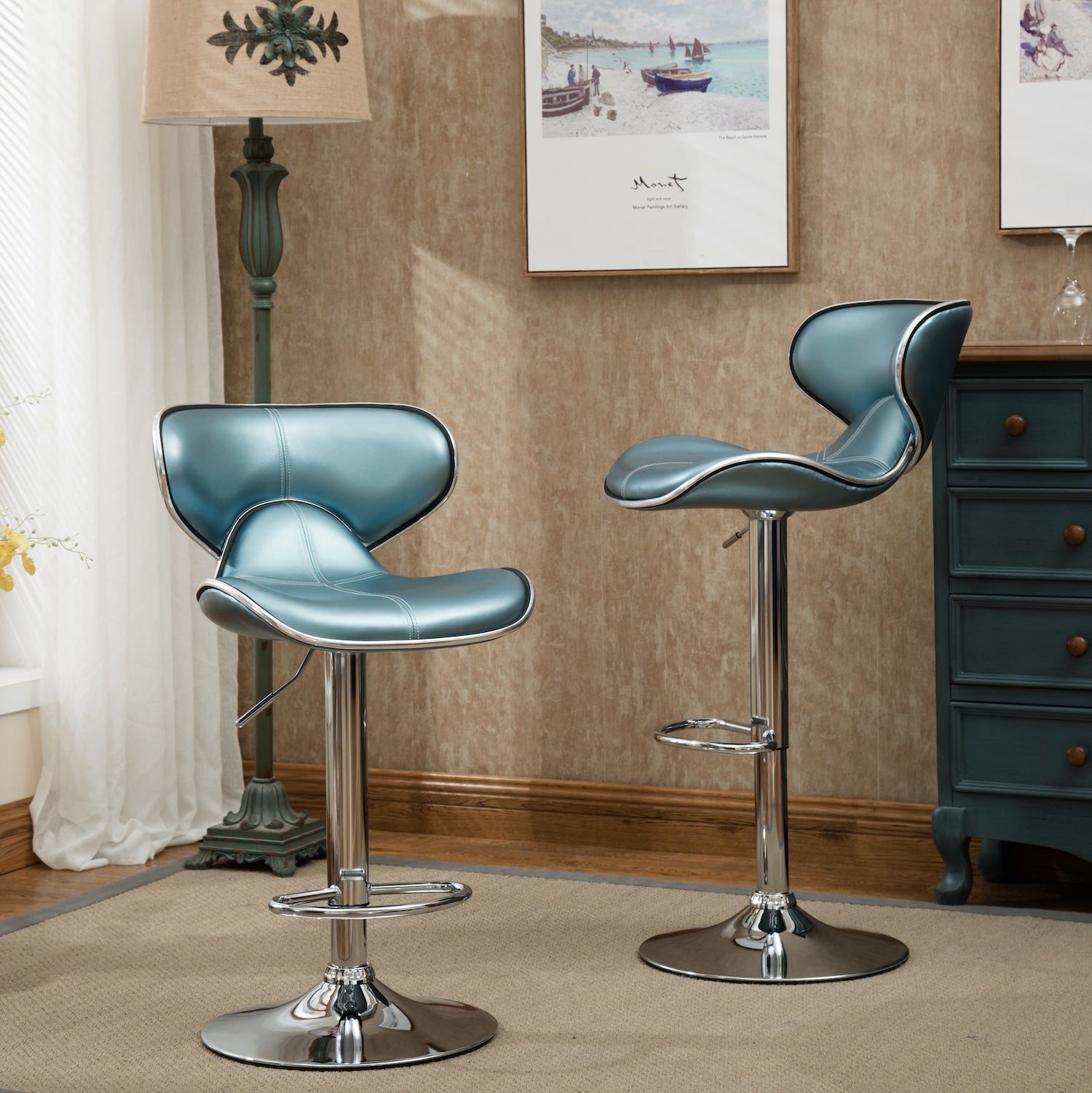 Masaccio Faux Leather Adjustable Swivel Barstool, Set of 2, Blue