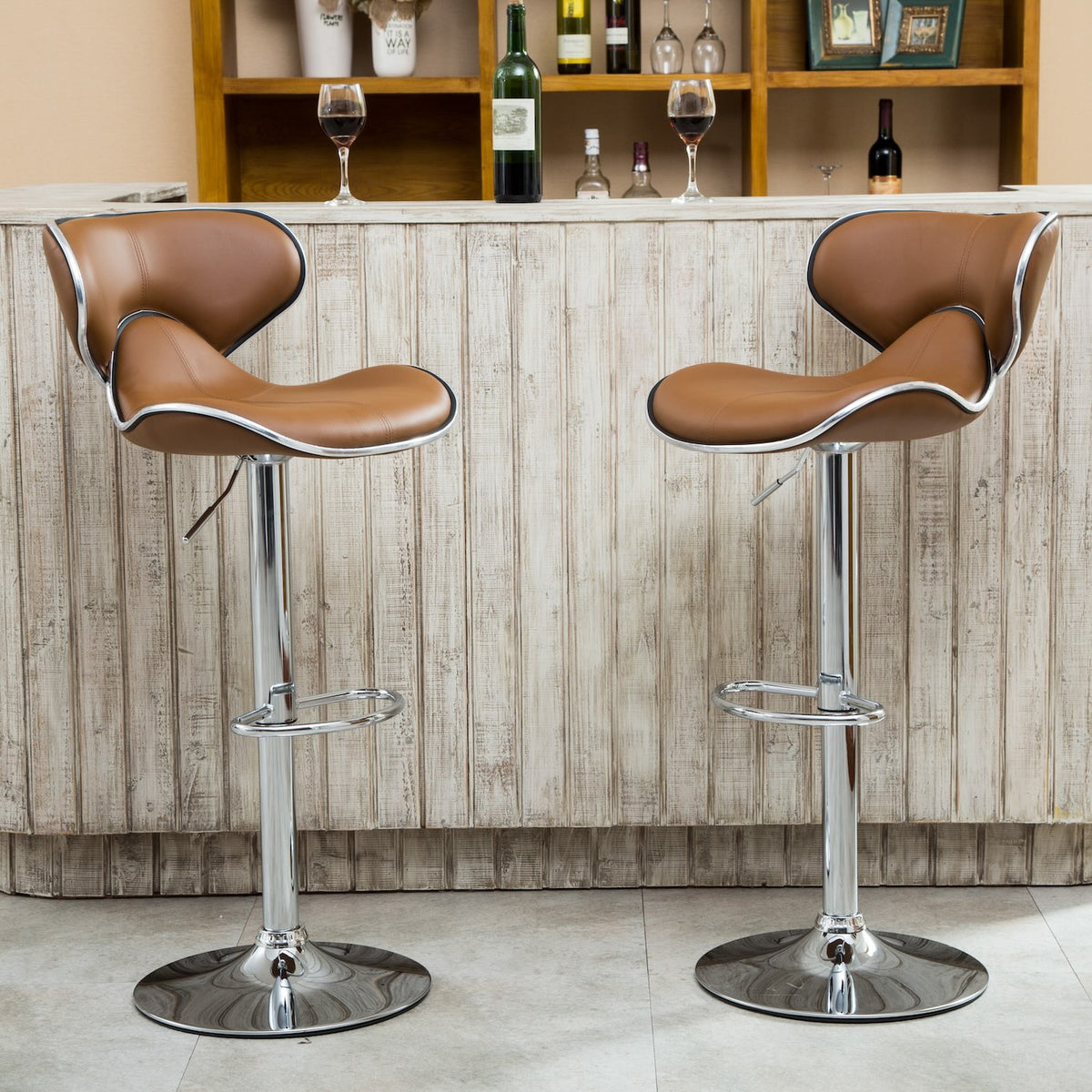 Masaccio Faux Leather Adjustable Swivel Barstool, Set of 2, Camel