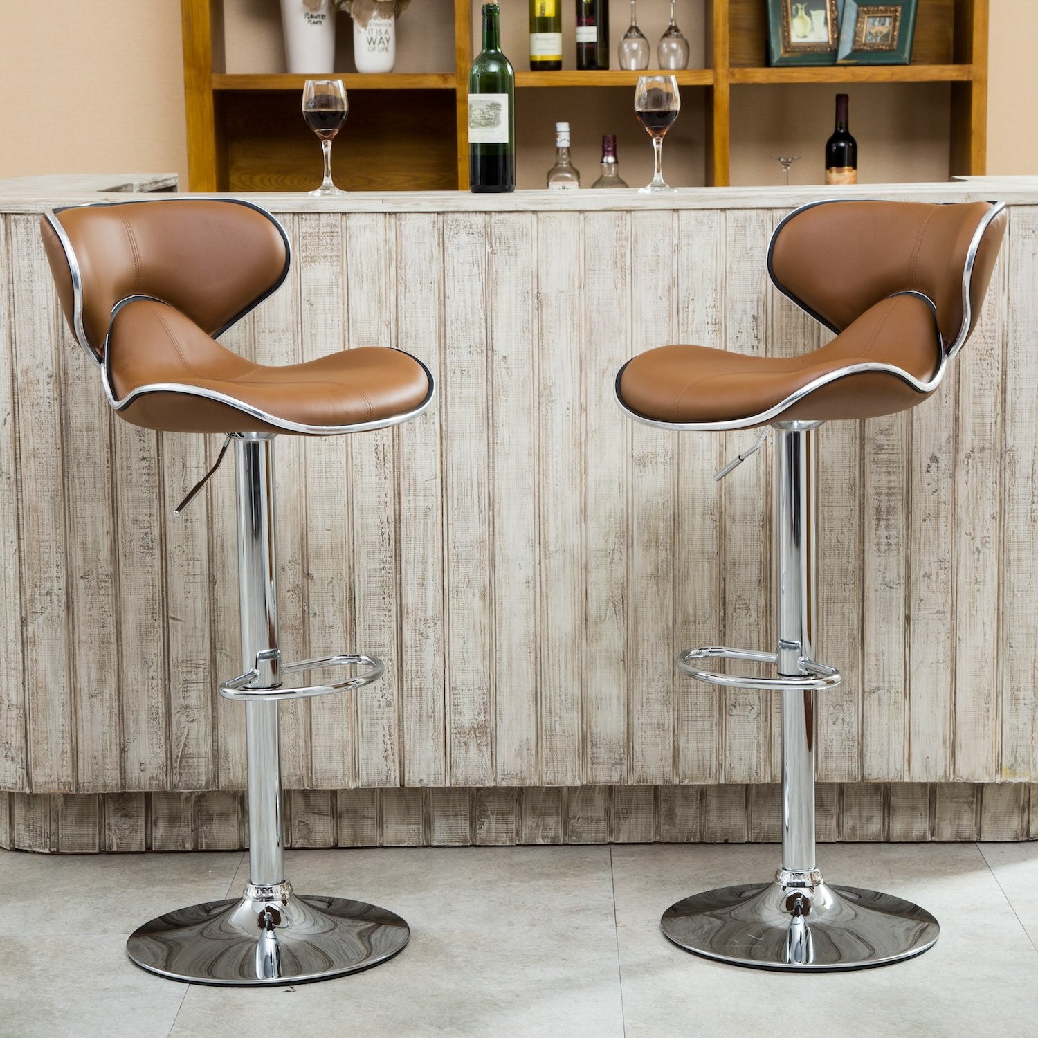 Masaccio Faux Leather Adjustable Swivel Barstool, Set of 2, Camel