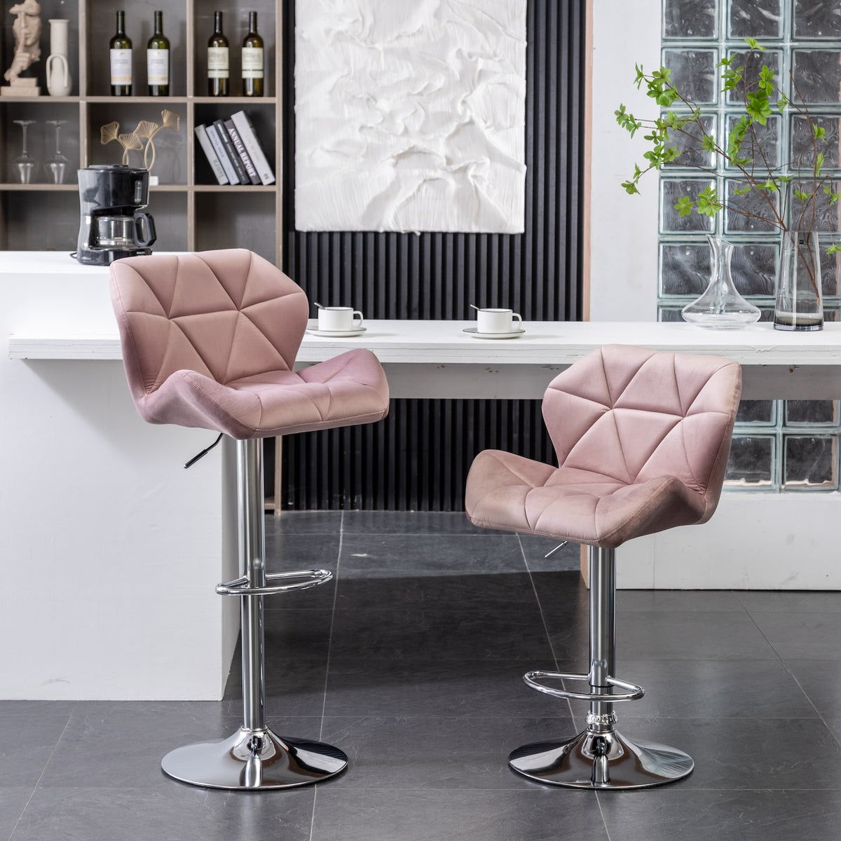 Breni Velvet Diamond Tufted Swivel Adjustable Height Barstool, Set of 2, Pink