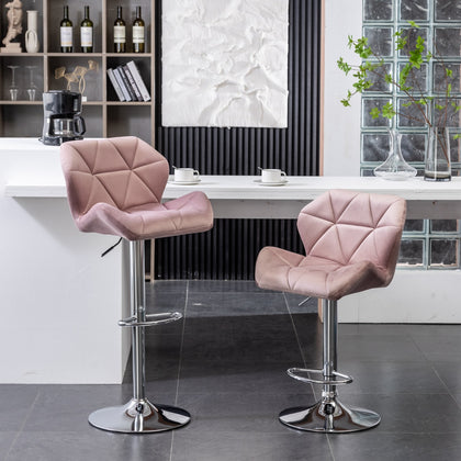 Breni Velvet Diamond Tufted Swivel Adjustable Height Barstool, Set of 2, Pink