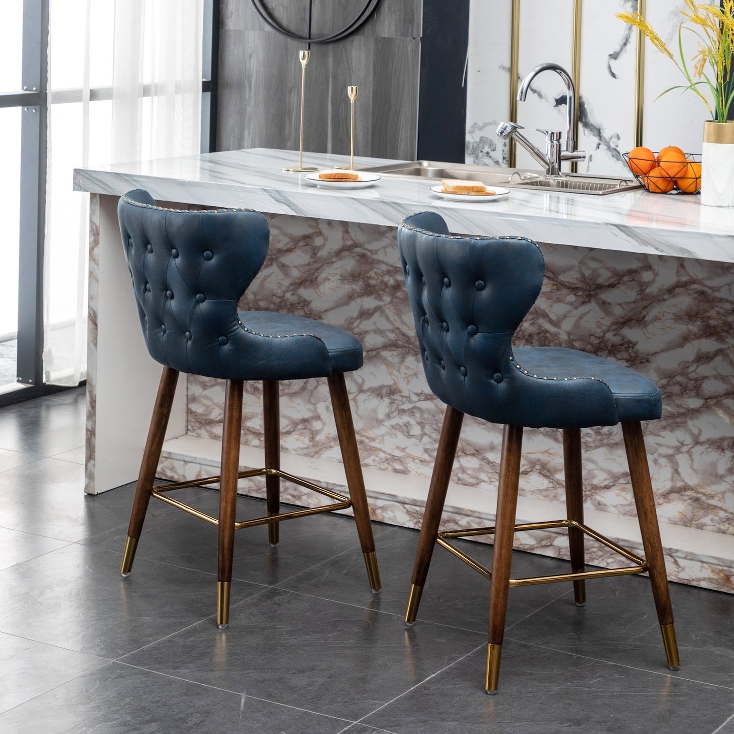 Nevis Mid-century Modern Faux Leather Counter Height Stools (Set of 2) Blue