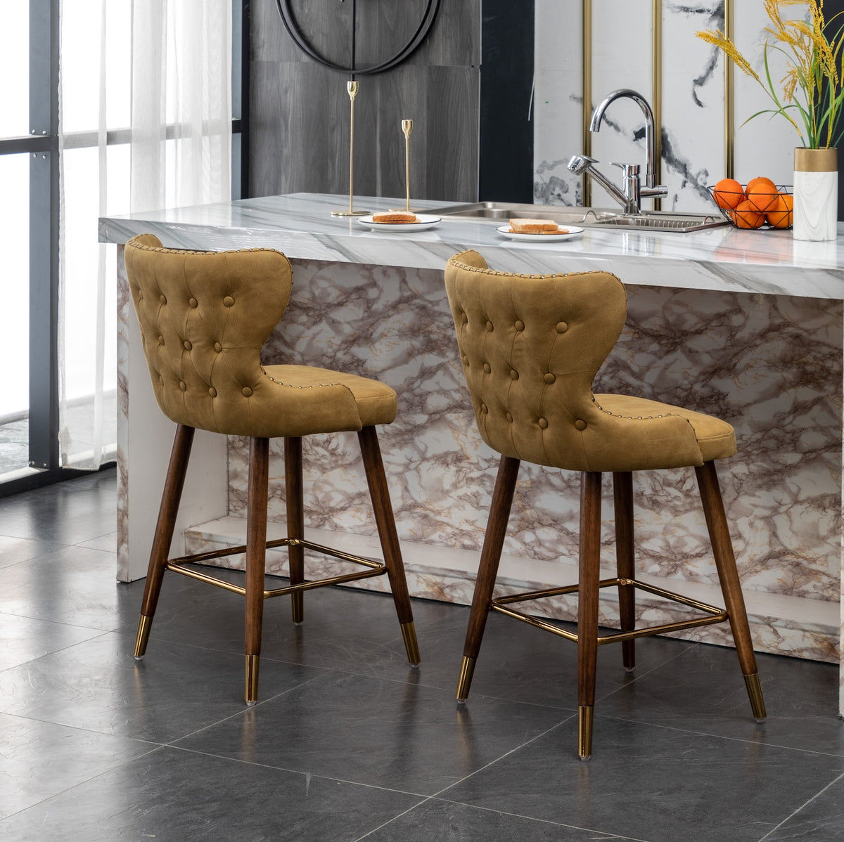 Nevis Mid-century Modern Faux Leather Counter Height Stools (Set of 2) Yellow