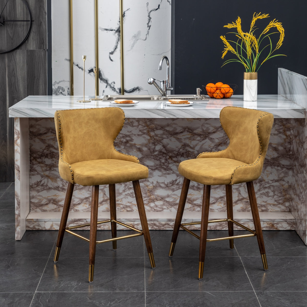 Nevis Mid-century Modern Faux Leather Counter Height Stools (Set of 2) Yellow