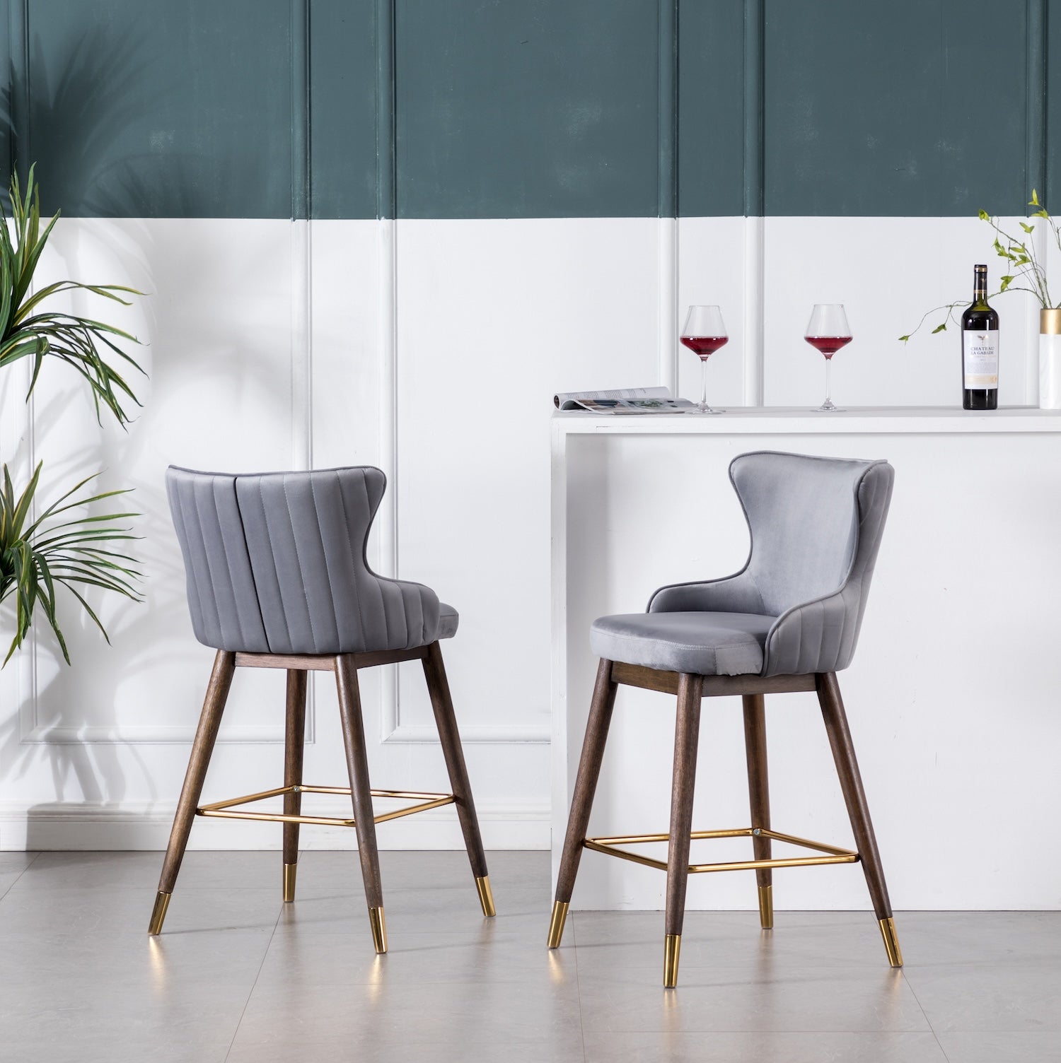 Leland Channel Tufted Counter Stools on Gold Tipped Walnut Legs (Set of 2) Gray