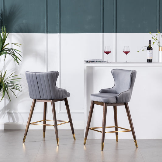 Leland Channel Tufted Counter Stools on Gold Tipped Walnut Legs (Set of 2) Gray