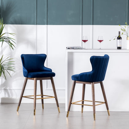 Leland Channel Tufted Counter Stools on Gold Tipped Walnut Legs (Set of 2)