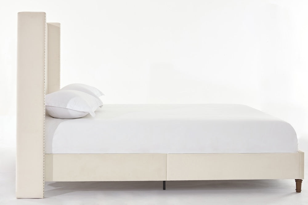 Peyton Ivory Velvet Platform Bed with Nailhead Trim & Turned Feet