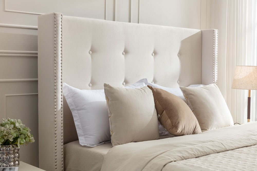 Peyton Ivory Velvet Platform Bed with Nailhead Trim & Turned Feet