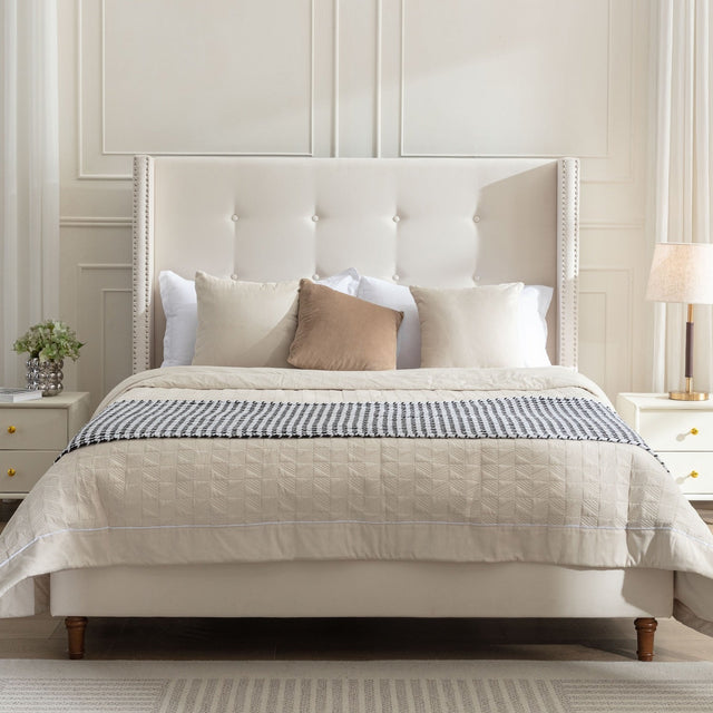 Peyton Ivory Velvet Platform Bed with Nailhead Trim & Turned Feet