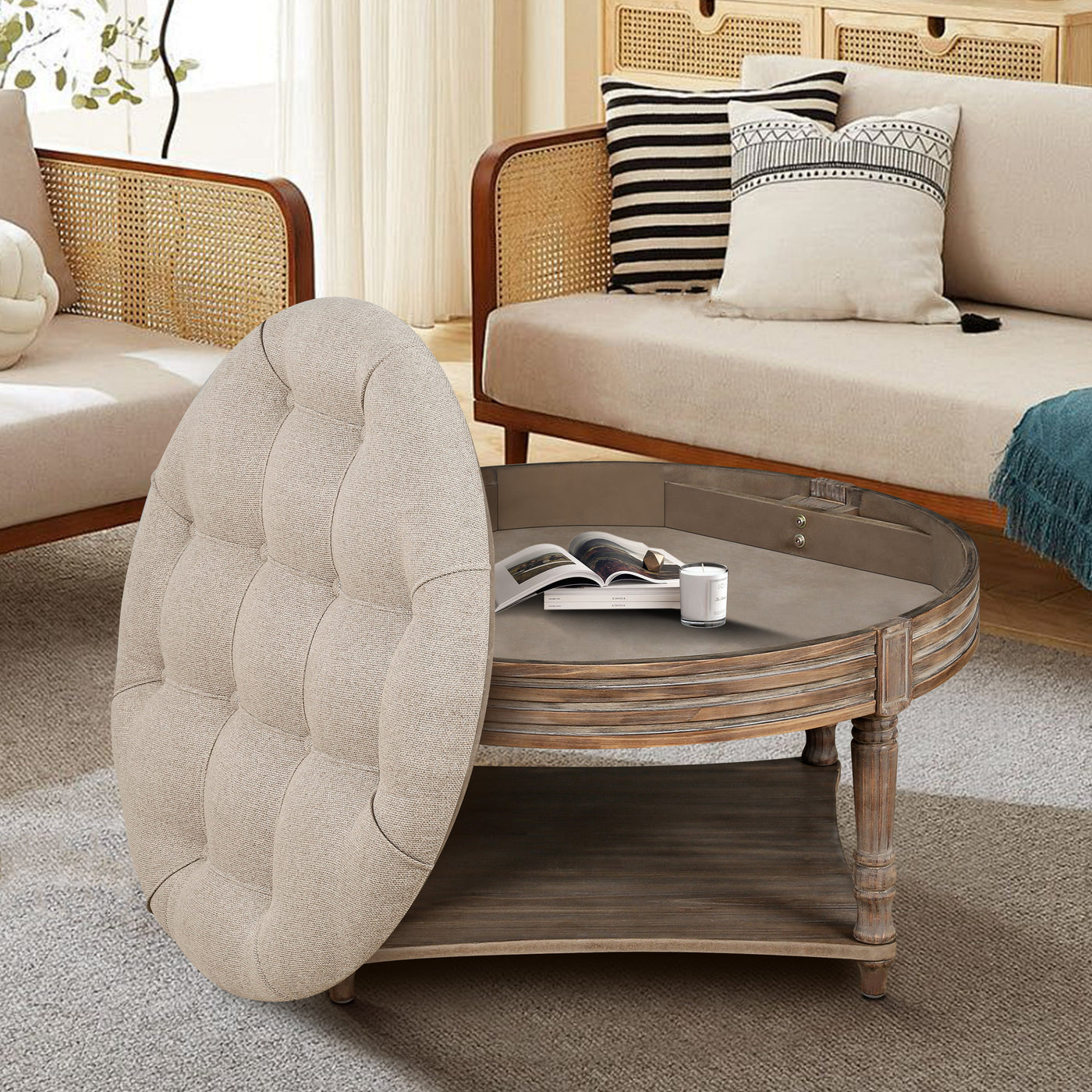 Hartford Large Round 2-Tier Ottoman Coffee Table with Tufted Linen Top